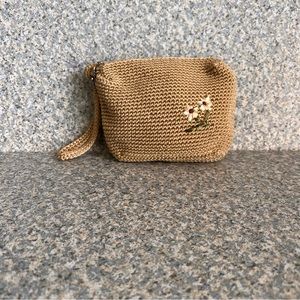 Tan Embellished Zippered Woven Wristlet Bag Floral Embroidered Ribbon Accent Vtg